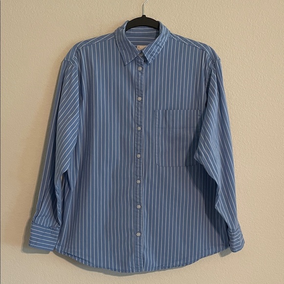 A New Day Women Blue & White Striped Small Button Down Shirt Cotton Contemporary - Picture 1 of 12